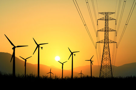 Wind turbines and power lines silhouetted against a vibrant orange sunset, symbolizing renewable energy and sustainability.の写真素材
