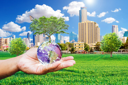 Hand holding globe with tree growing on top, modern city skyline, green field, blue sky, and clouds.