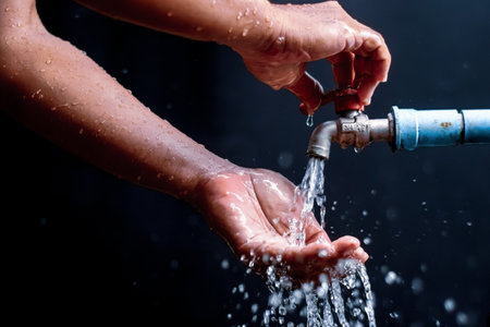 Close-up of hands being washed under a running faucet with water droplets, set against a dark background.の写真素材