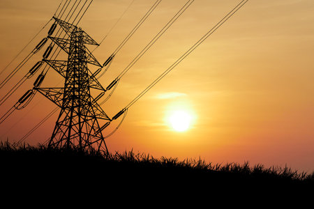 Beautiful sunset with high voltage power lines silhouetted against the sky, creating a striking contrast in a rural setting.の写真素材