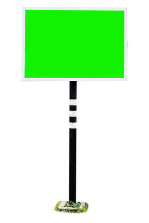 A blank green screen billboard on a black pole, isolated on a white background, perfect for advertisement and marketing mockups.の写真素材
