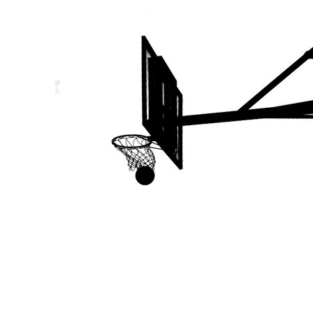 Minimalist silhouette of a basketball hoop and ball, highlighting the dynamic motion and simplicity...