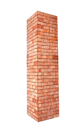 A tall stack of red bricks isolated on a white background, ideal for construction, architecture, and building materials themes.の写真素材