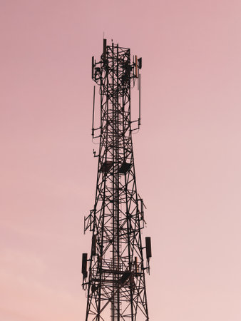 A communication tower silhouetted against a pink sunset sky, symbolizing modern technology and connectivity.の写真素材
