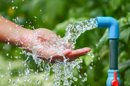 Close-up of water flowing from a blue faucet into hands, set against a vibrant green garden background.の写真素材