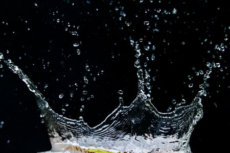 High-speed capture of a water splash against a dark backdrop, showcasing motion and energy.の写真素材