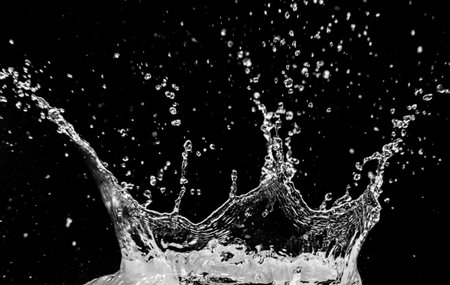 High-speed capture of water splash with droplets suspended in motion against a black backdrop, showcasing fluid dynamics.の写真素材