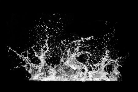 High-speed capture of water splashes against a black background, showcasing dynamic motion and fluidity in monochrome.の写真素材
