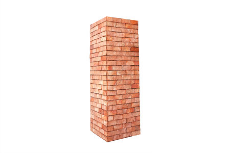 A vertical stack of red bricks isolated on a white background, ideal for construction and building materials themes.の写真素材