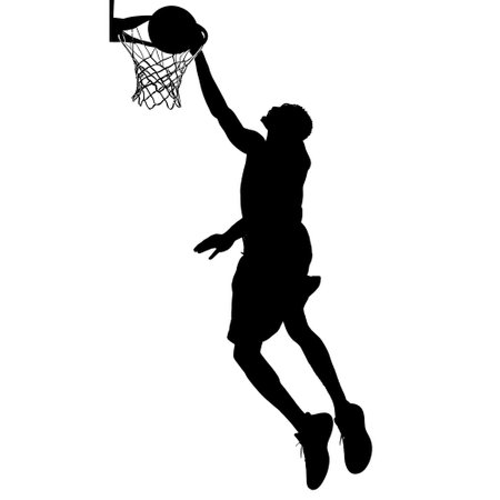 Silhouette of a basketball player performing a slam dunk, showcasing athleticism and energy.