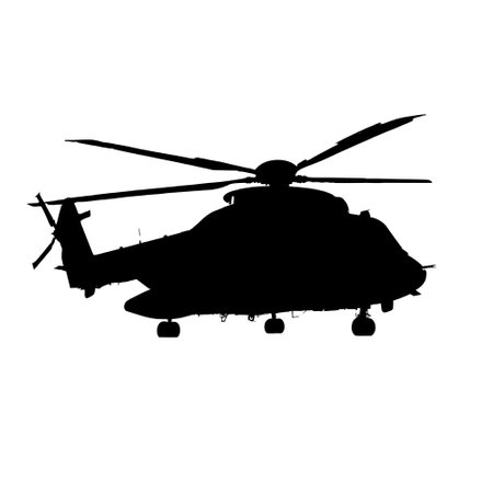 Black silhouette of a helicopter in flight, highlighting aviation and transportation concepts on a white backdrop.の写真素材