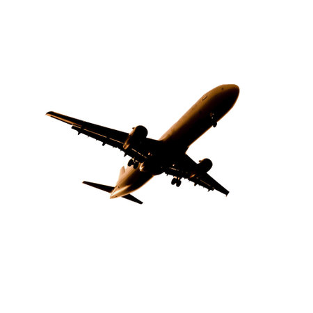 Silhouette of a commercial airplane flying against a clear sky, symbolizing modern travel and aviation.の写真素材