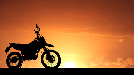 A striking silhouette of a motorcycle set against a vivid sunset, capturing the essence of adventure and freedom.の写真素材