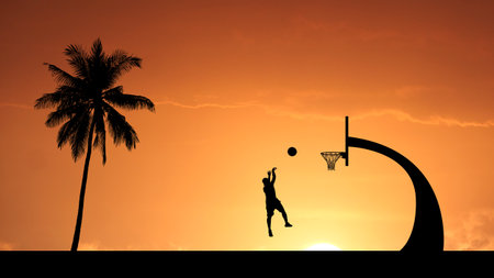 A basketball player silhouette jumps to shoot against a vibrant sunset, with a palm tree adding tropical flair.の写真素材