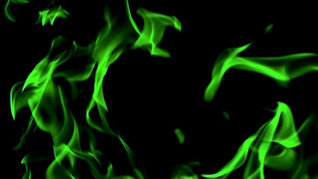 ** Dynamic green flames on a black background, perfect for creative projects needing energy and intensity.

**の写真素材