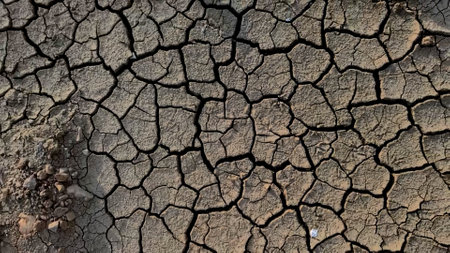 ** Aerial shot of cracked, dry earth showcasing the impact of drought and climate change on the environment.

**の写真素材
