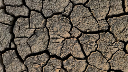Close-up of cracked, dry earth showcasing the impact of drought and climate change on the environment.の写真素材