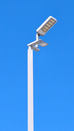 A sleek solar street light stands tall against a vibrant blue sky, symbolizing sustainable urban development and renewable energy.の写真素材