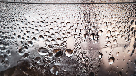 Macro shot of condensation on a glass with ice, showcasing water droplets and a refreshing vibe.の写真素材
