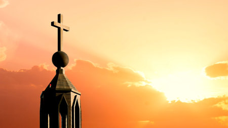 Cross on the top of the church at sunset. 3d renderの写真素材