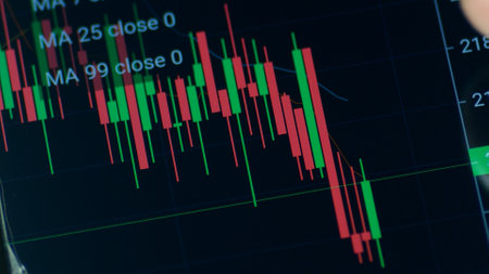 Detailed view of a stock market chart with candlesticks, showcasing financial data trends on a digital screen.の写真素材