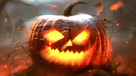 Halloween pumpkin with eyes and mouth glowing in the dark, 3d illustrationの写真素材