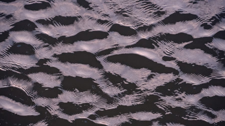 ** Close-up of rippling water surface with light reflections creating an abstract pattern, evoking a sense of tranquility and nature's beauty.

**の写真素材