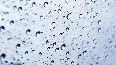 Detailed image of water droplets on glass, showcasing texture and clarity against a soothing blue backdrop.の写真素材