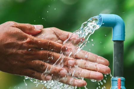 Hands being washed under a stream of water from a blue faucet, set against a lush green background.