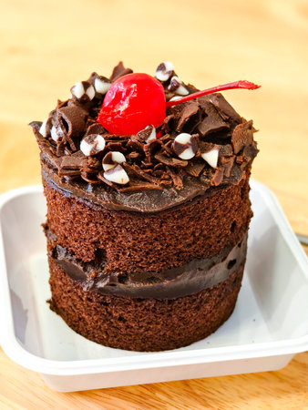 Indulge in a rich chocolate cake topped with a cherry, perfect for dessert lovers and special...