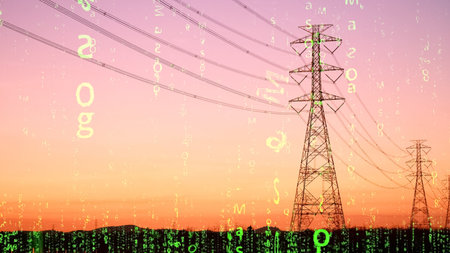 Power lines at sunset with digital matrix overlay, representing technology, energy, and connectivity.の写真素材