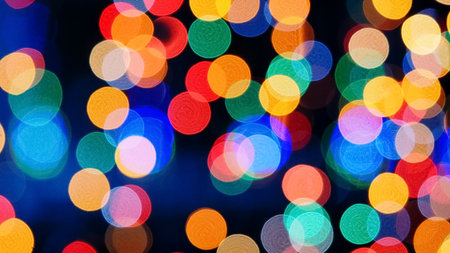 ** A vibrant display of colorful bokeh lights forming an abstract background with circular shapes, perfect for festive and creative projects.

**の写真素材