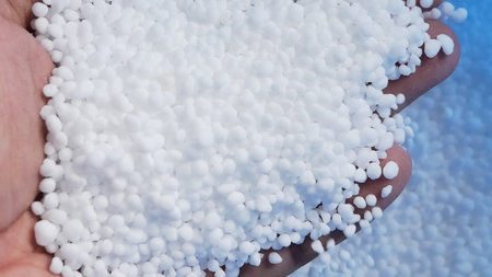 Detailed image of a hand holding white granular fertilizer, ideal for agricultural and gardening use.の写真素材