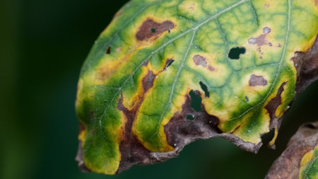** Detailed macro shot of a leaf with visible disease, highlighting yellow and brown spots and decay.

**の写真素材