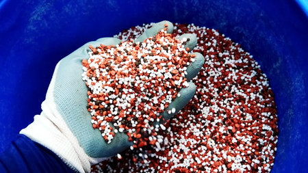 Close-up of a gloved hand holding granular fertilizer in a blue container, ideal for agriculture and gardening concepts.の写真素材