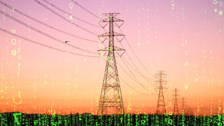 Power lines silhouetted against a vibrant sunset sky with a digital matrix overlay, representing technology and energy.の写真素材