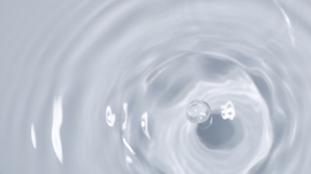 Close-up of a single water droplet creating ripples on a smooth surface, showcasing minimalism and tranquility.の写真素材