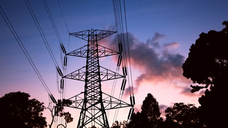 Power lines stretch across a vibrant sunset sky, framed by silhouetted trees, creating a striking contrast.の写真素材