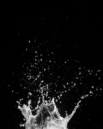 High-speed capture of water splash with droplets against a black background, showcasing motion and energy.の写真素材