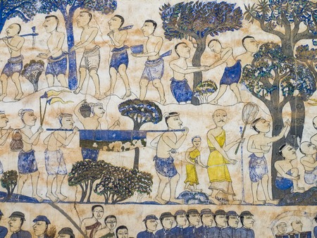 Painting on the wall of the church in the temple, the story about the old tradition, culture, local in the northeast region of Thailand.の写真素材