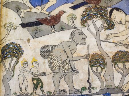 Painting on the wall of the church in the temple, the story about the old tradition, culture, local in the northeast region of Thailand.の写真素材