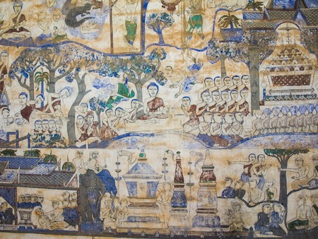 Painting on the wall of the church in the temple, the story about the old tradition, culture, local in the northeast region of Thailand.の写真素材