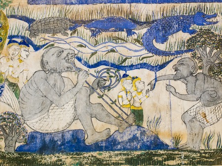 Painting on the wall of the church in the temple, the story about the old tradition, culture, local in the northeast region of Thailand.の写真素材