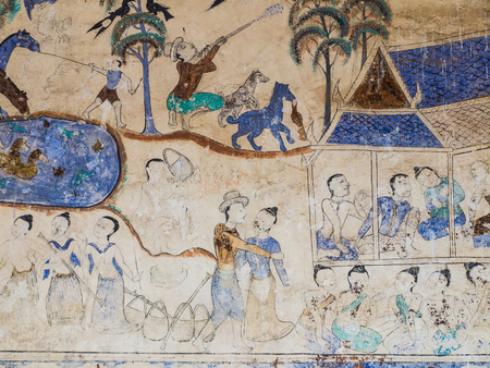 Painting on the wall of the church in the temple, the story about the old tradition, culture, local in the northeast region of Thailand.の写真素材