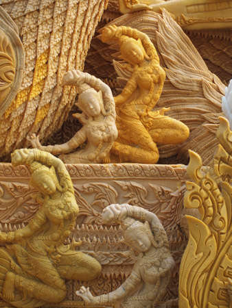 Candle wax carving angel Thai style in the traditional parade active festival Buddhist Lent in Nakhon Ratchasima, Thailand.の写真素材
