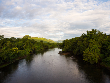 River and mountain in Kanchanaburi Thailandの写真素材