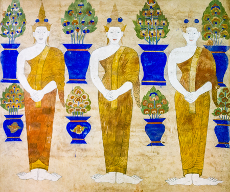 tradition Thai Painting on the wall in the temple at Maha Sarakham Province of Thailand . The temple open to the public to watch and allowed to take photos. (no restriction in copy or use)の写真素材