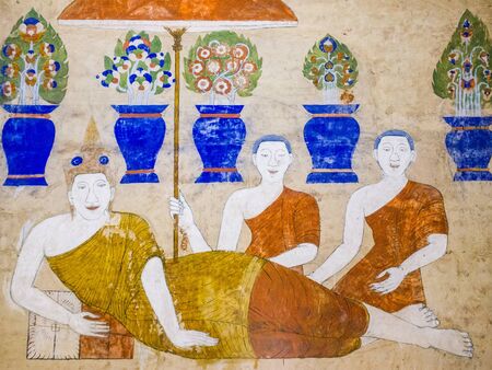 tradition Thai Painting on the wall in the temple at Maha Sarakham Province of Thailand . The temple open to the public to watch and allowed to take photos. (no restriction in copy or use)の写真素材