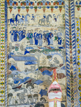 tradition Thai Painting on the wall in the temple at Maha Sarakham Province of Thailand . The temple open to the public to watch and allowed to take photos. (no restriction in copy or use)の写真素材