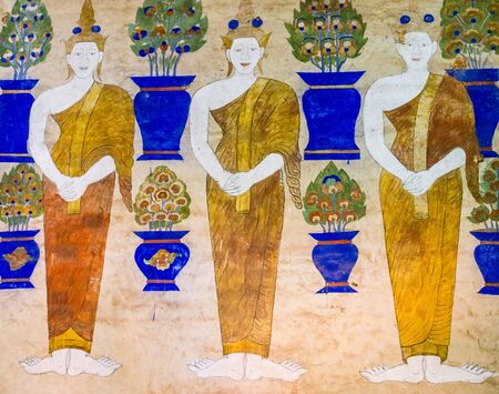 tradition Thai Painting on the wall in the temple at Maha Sarakham Province of Thailand . The temple open to the public to watch and allowed to take photos. (no restriction in copy or use)の写真素材